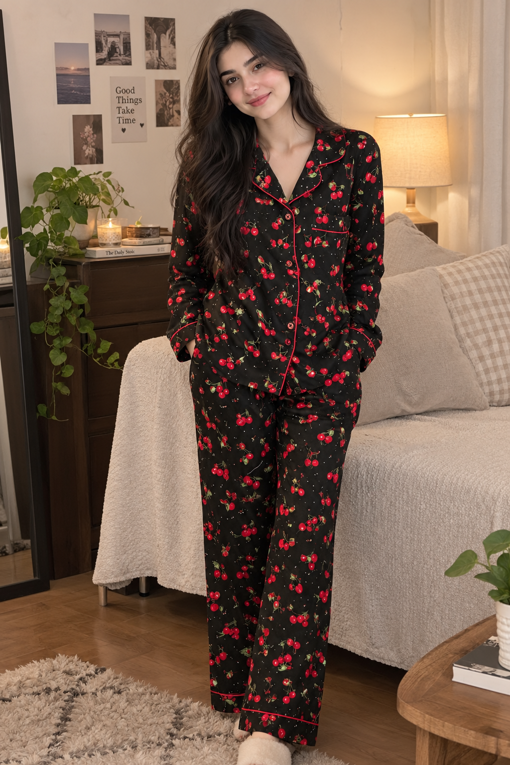 Gilas Cherry Print Nightsuit worn by model