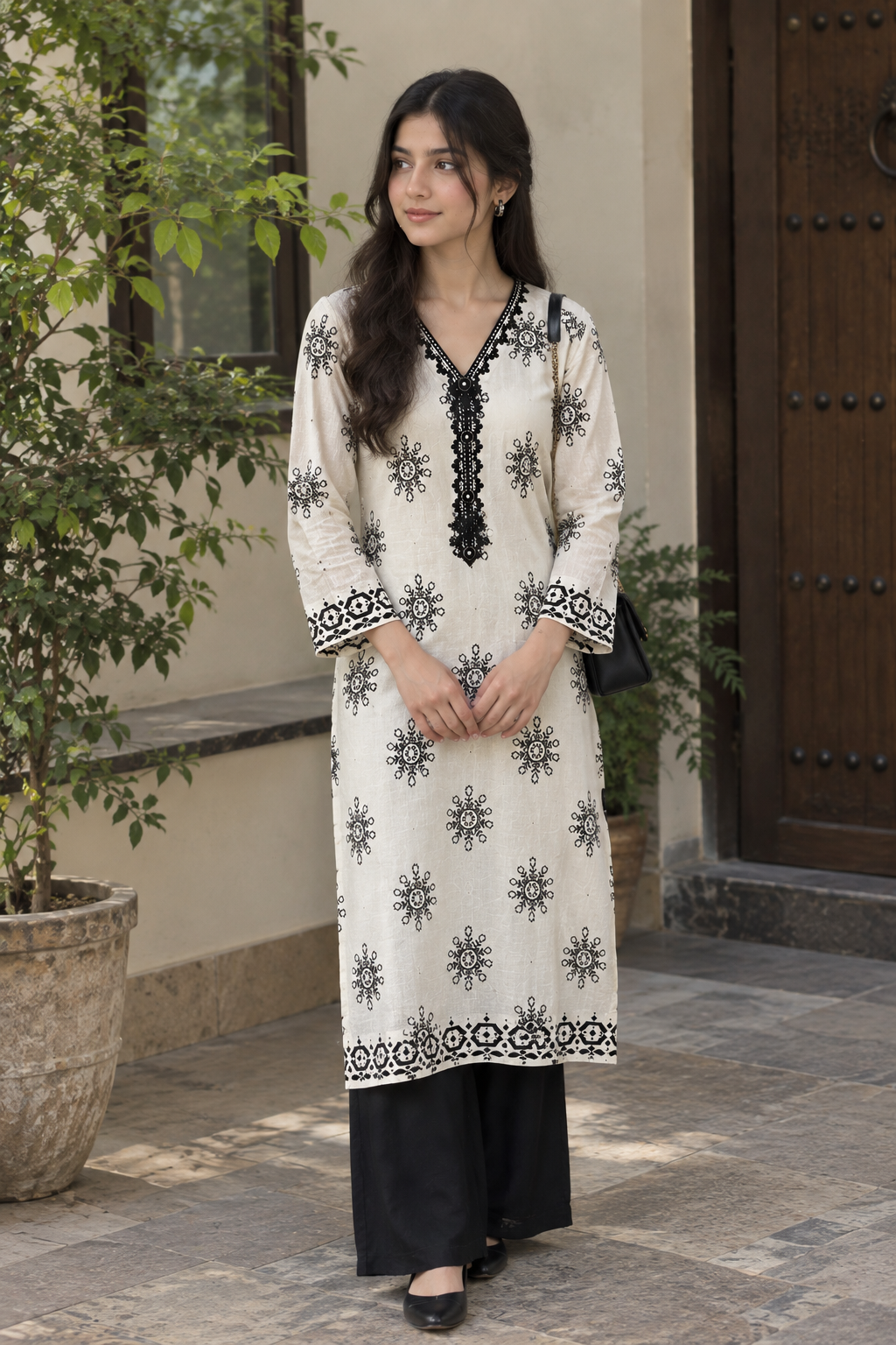 Shabnam – Black Block Print 2-Piece worn by model
